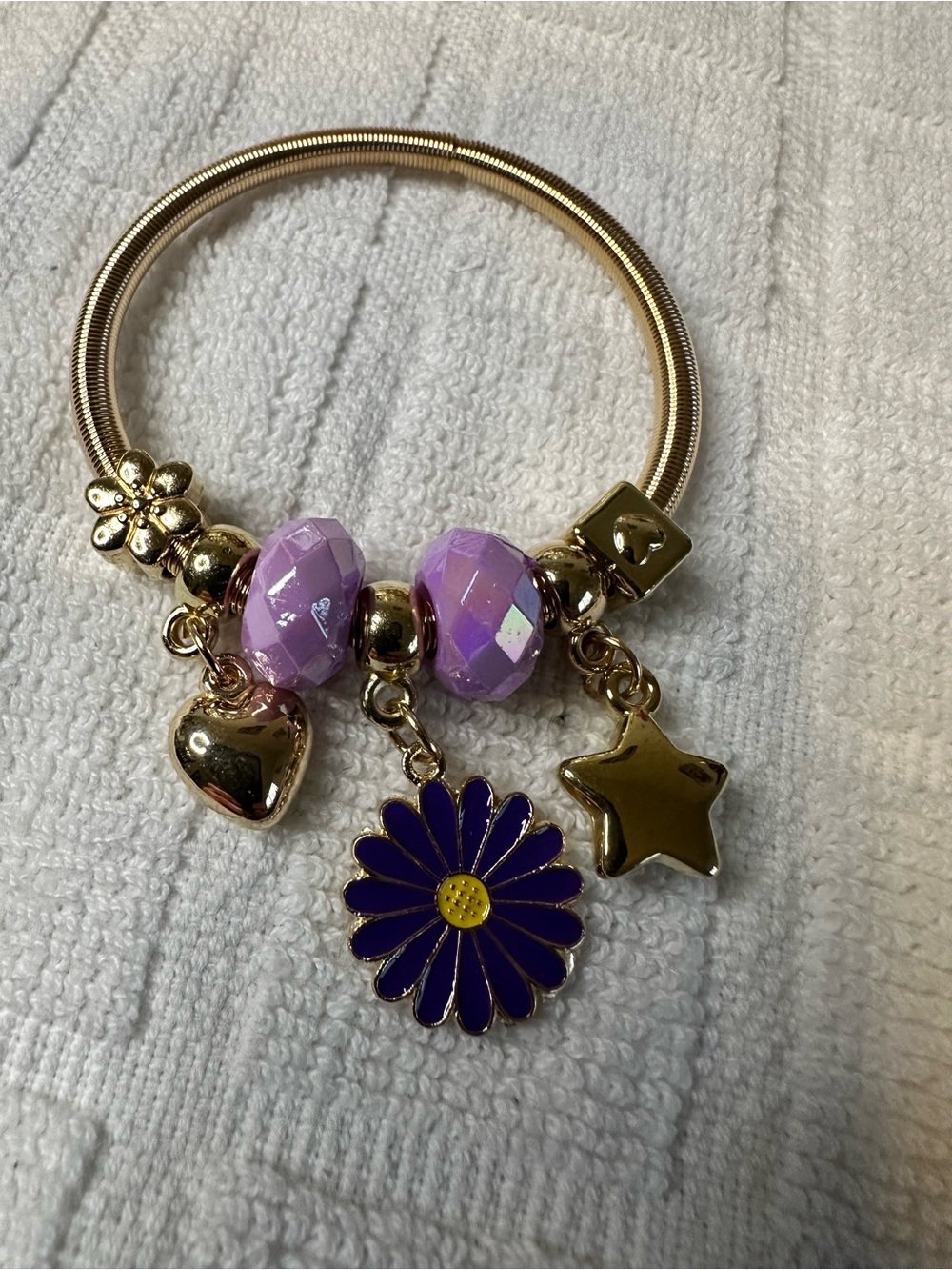 Unk Gold Bracelet with Purple Beads and Dark Purple Flower Charm